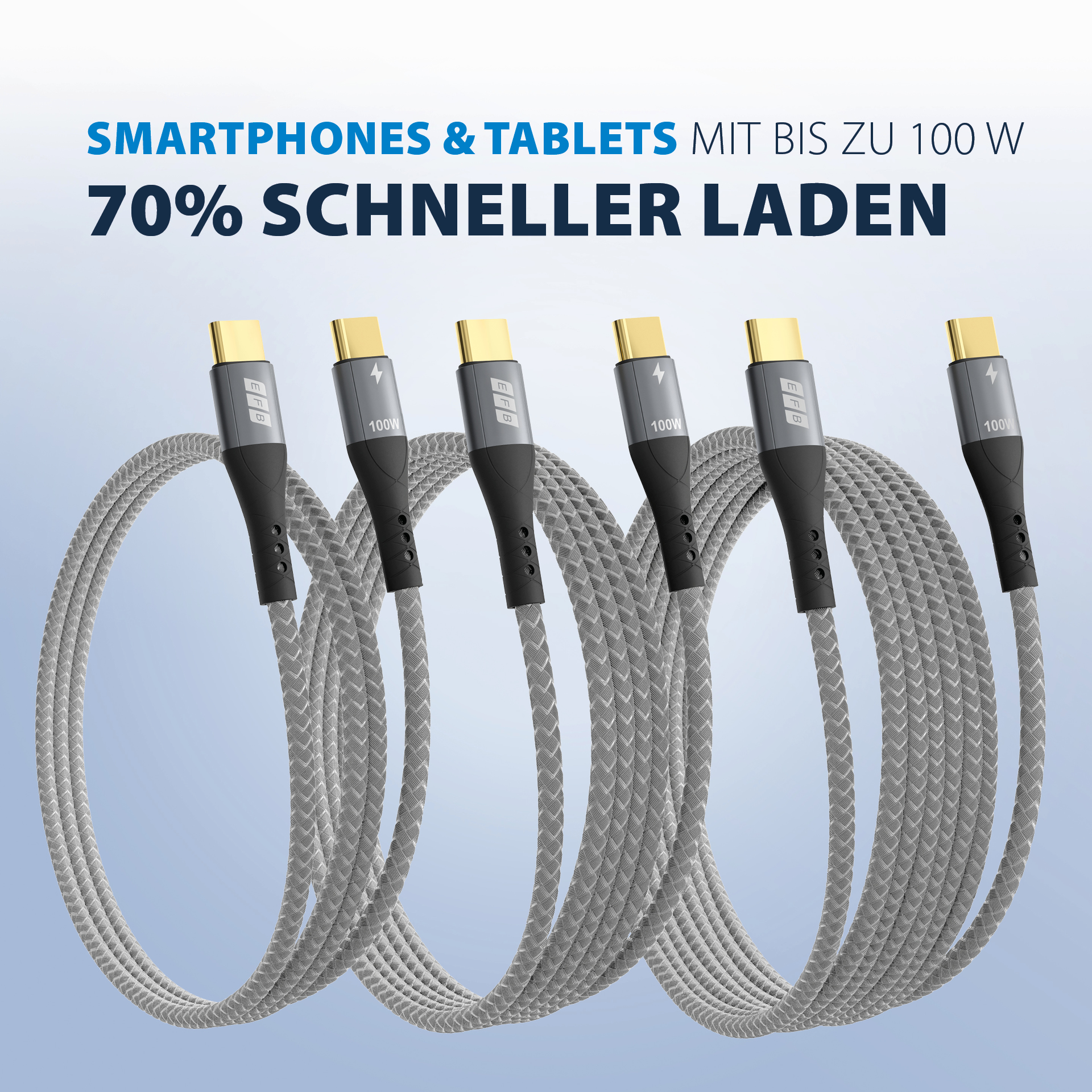 USB-C set 100W PD 3.0 5A E-Marker Chip 0.5m+1m+2m grey gold contacts textile