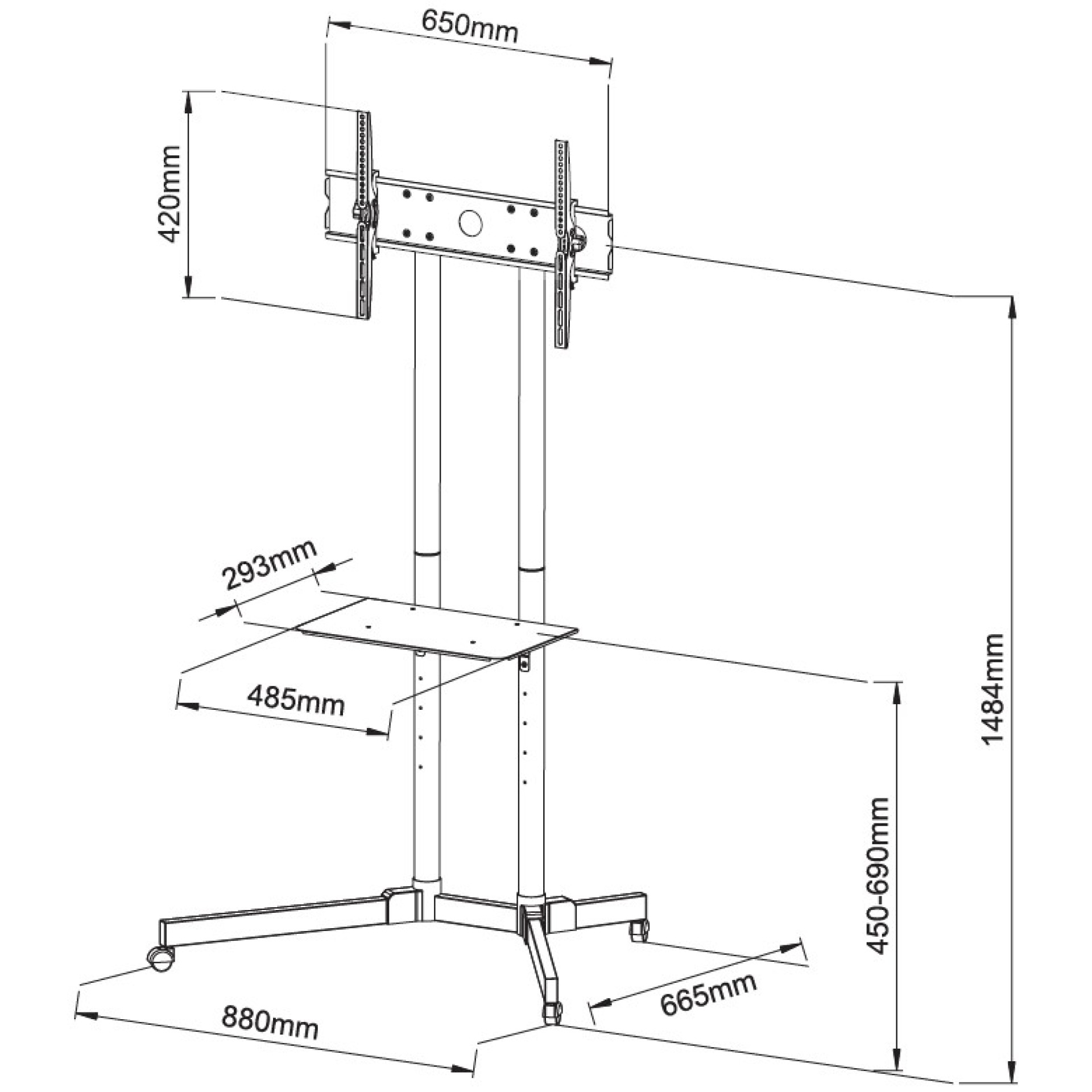 Trolley floor support for LCD LED TV 30"-65", with shelf