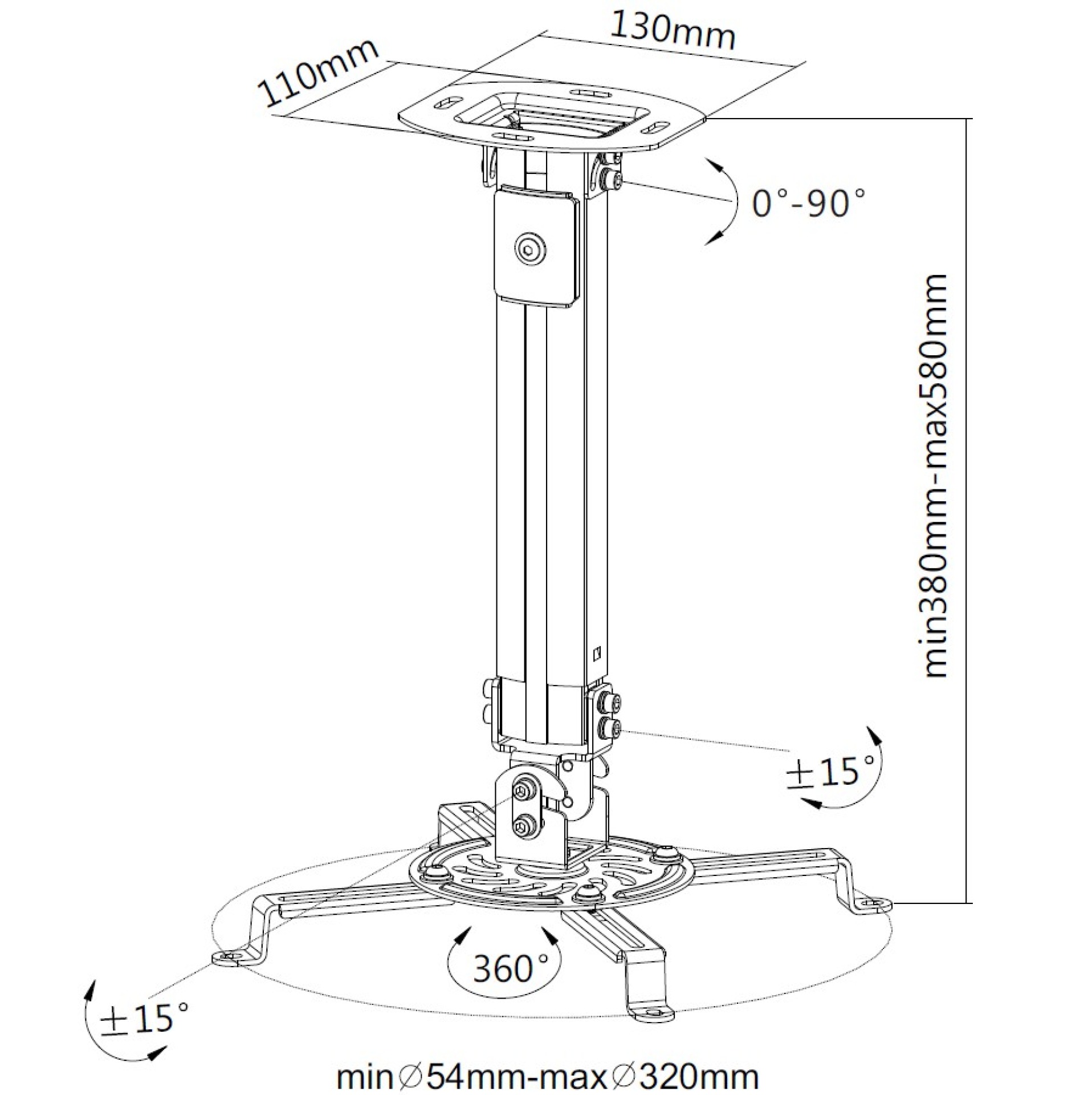 Ceiling bracket for projector, 38-58cm, silver