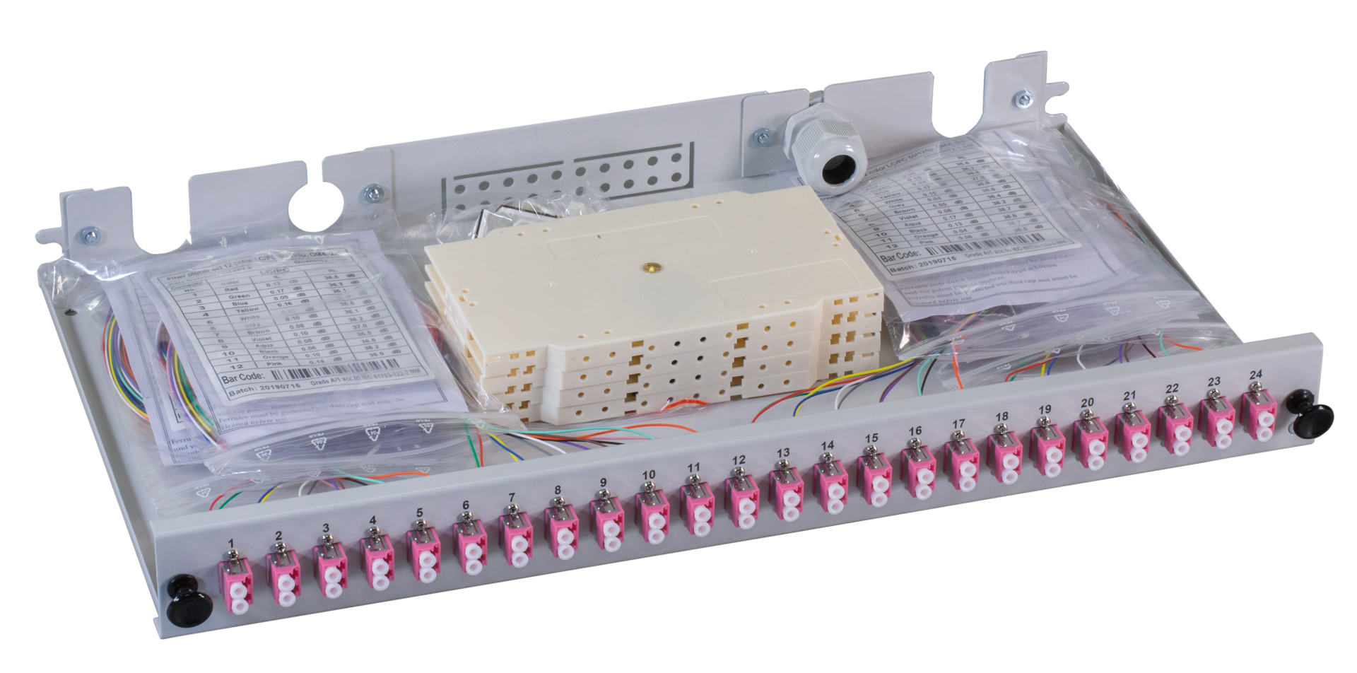 Splicebox sliding unit with LC-Duplex plastic adapter and pigtails, OM4