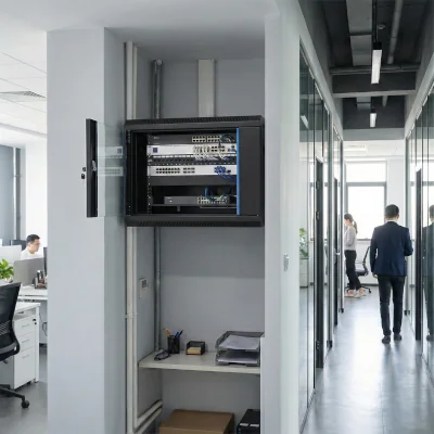 Åben 19-tommers vægmonteret skab med patchpanel, switch og struktureret netværksudstyr i en moderne kontorfløj med glasinddelte kontorer