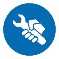 Ikon: Håndgreb om skruenøgle på blå baggrund