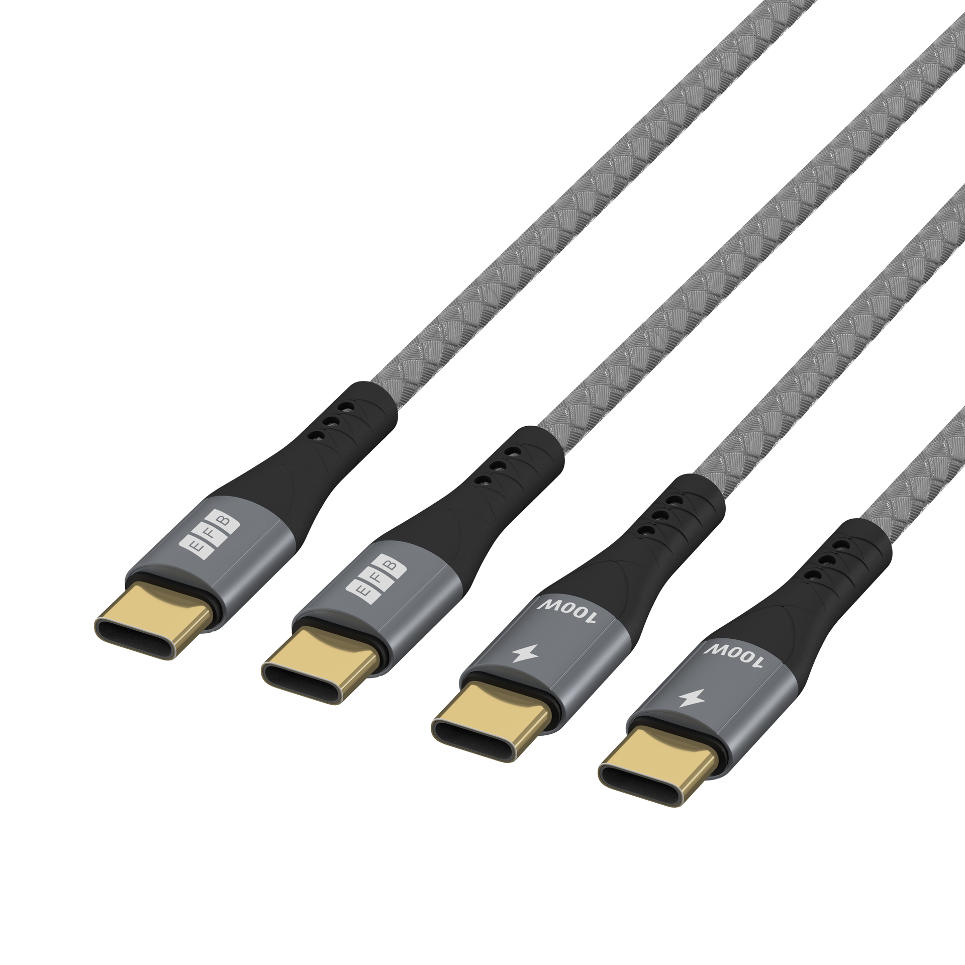 USB-C cable set 100W PD 3.0 5A E-Marker Chip 2x2m grey gold contacts textilecoat