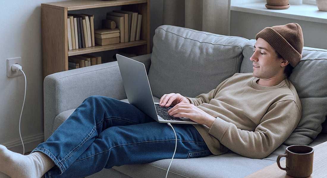 Den bærbare computer oplades i sofaen via et langt USB-C-kabel - fleksibelt arbejde og pålidelig strømforsyning i hjemmekontoret
