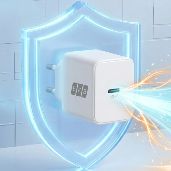 EFB-Elektronik USB-C Fast Charger with a safety shield symbolizing safe and reliable fast charging for modern devices