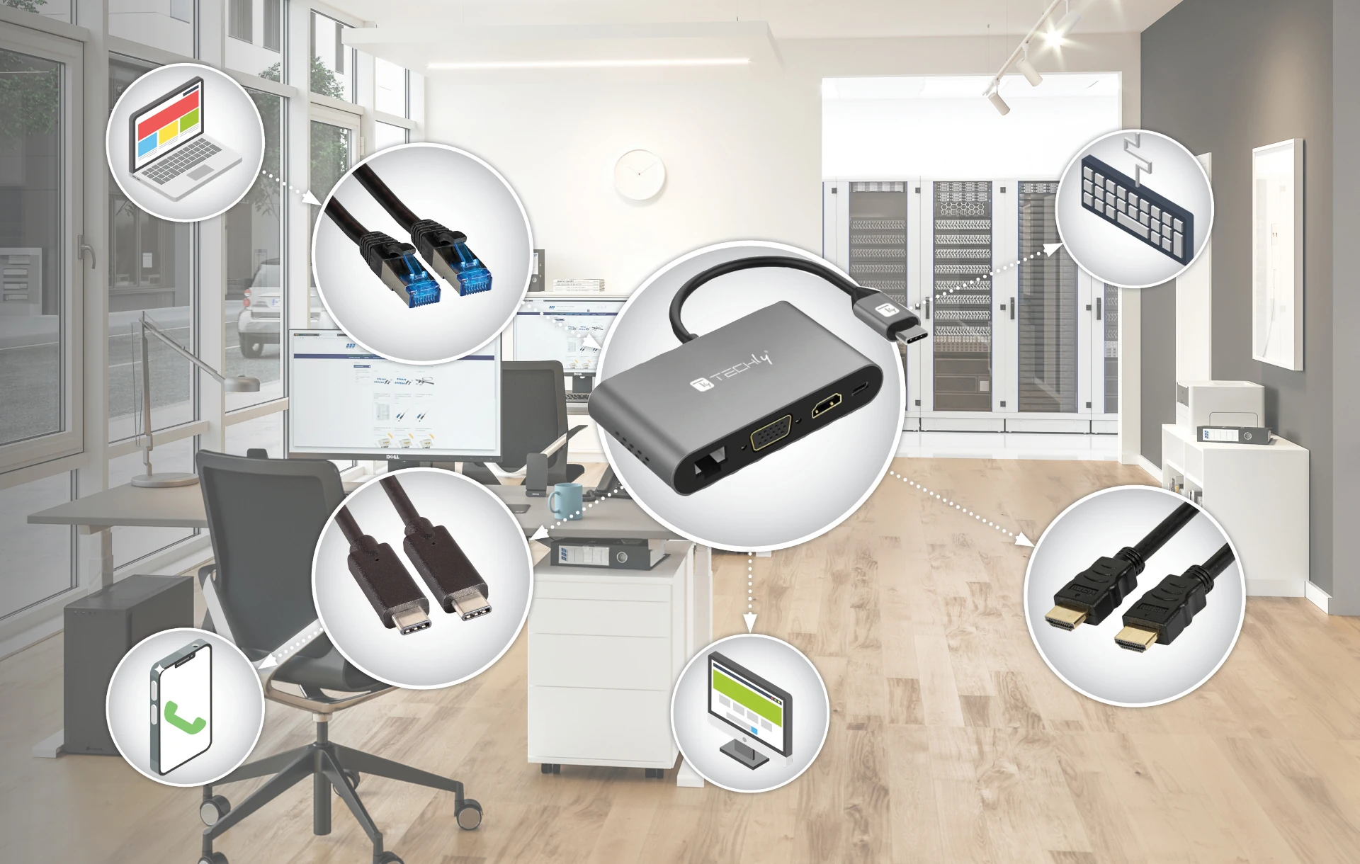 Infografik fra EFB-Elektronik viser USB-C-multiportadapter med tilslutninger til HDMI, LAN, USB og skærme i det moderne kontor.