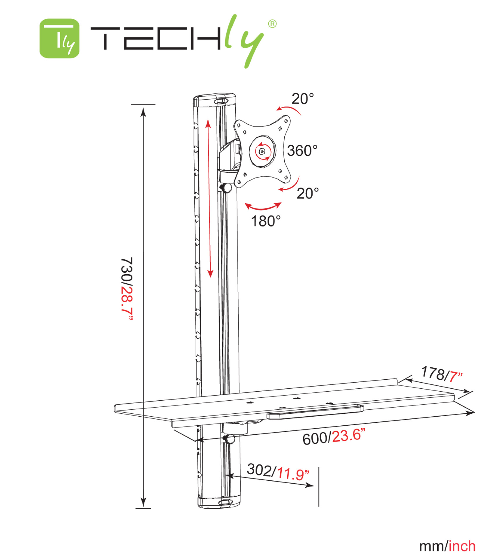 Wall bracket for 1 LCD 15"-27" with keyboard shelf