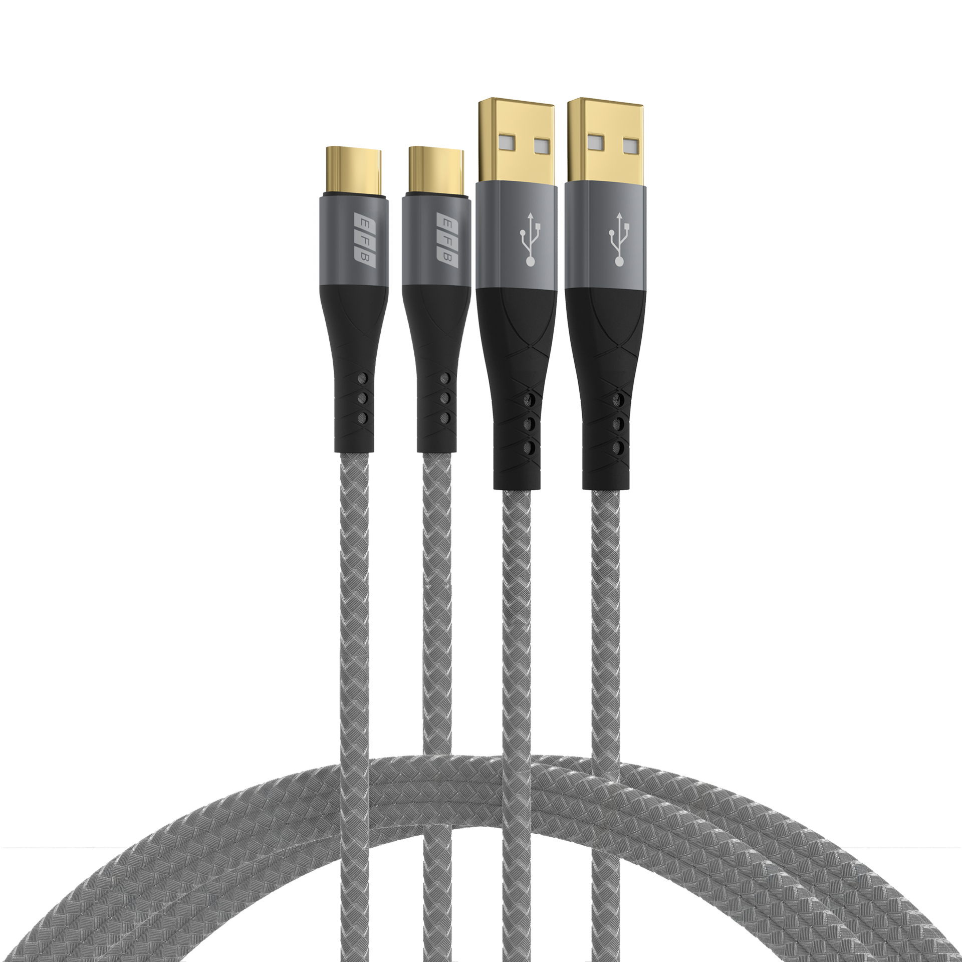 USB-A to USB-C cable set 60W QC 3A 2x2m grey gold contacts textile coat