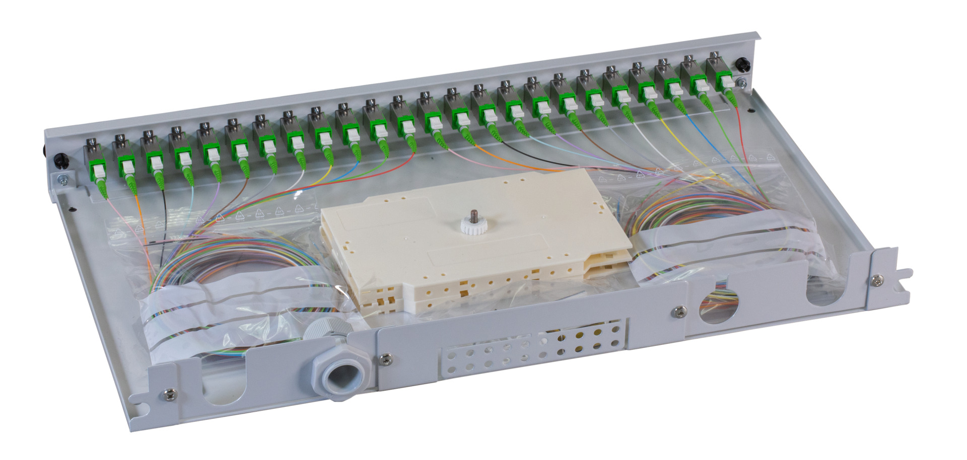 Splicebox E2000®-APC 9/125µ OS2 extendable 24 Pigtails stripped/24 Adapter