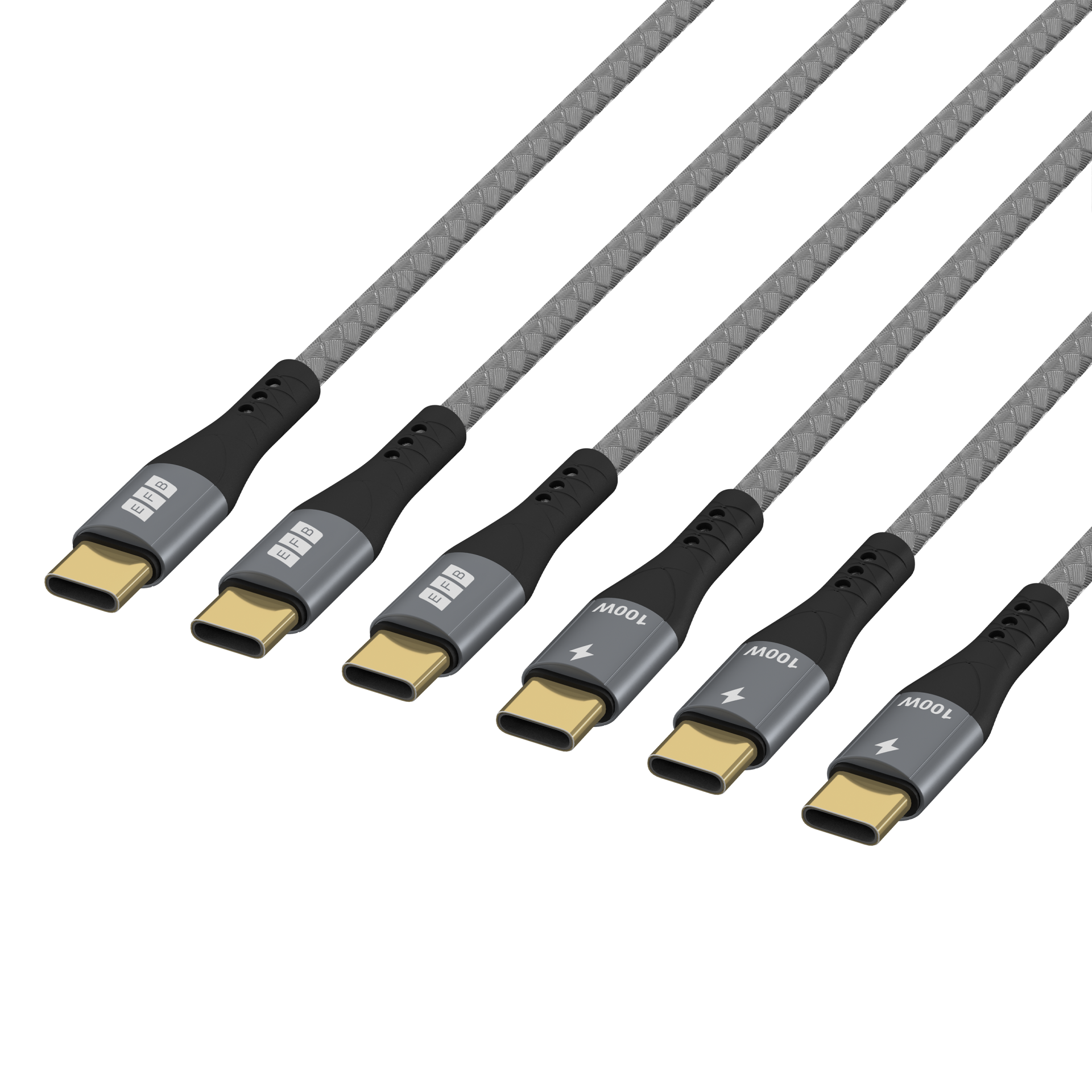 USB-C set 100W PD 3.0 5A E-Marker Chip 0.5m+1m+2m grey gold contacts textile