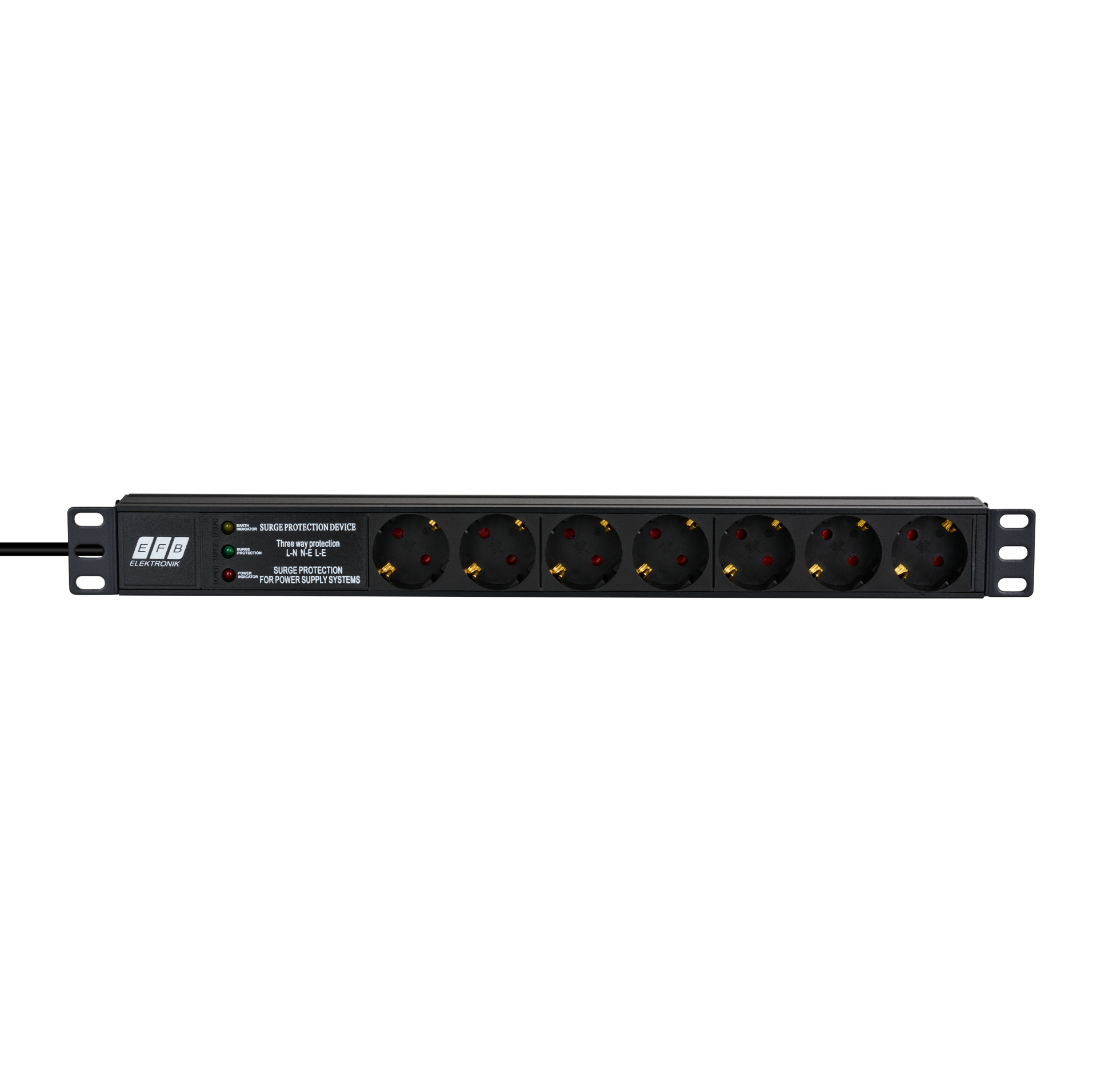 19“ 1U Socket Strip 7 x CEE 7/3 with Surge Protection, in Alu Profile, Black