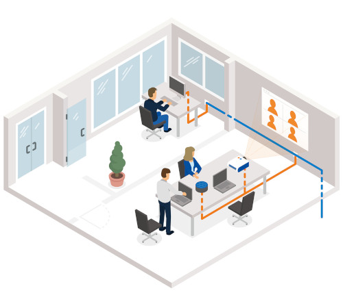 Modernes Büro, ausgestattet mit Kupferverkabelung für Netzwerkverbindungen. Zwei Personen arbeiten an Computern, die über orangefarbene Kabel vernetzt sind.