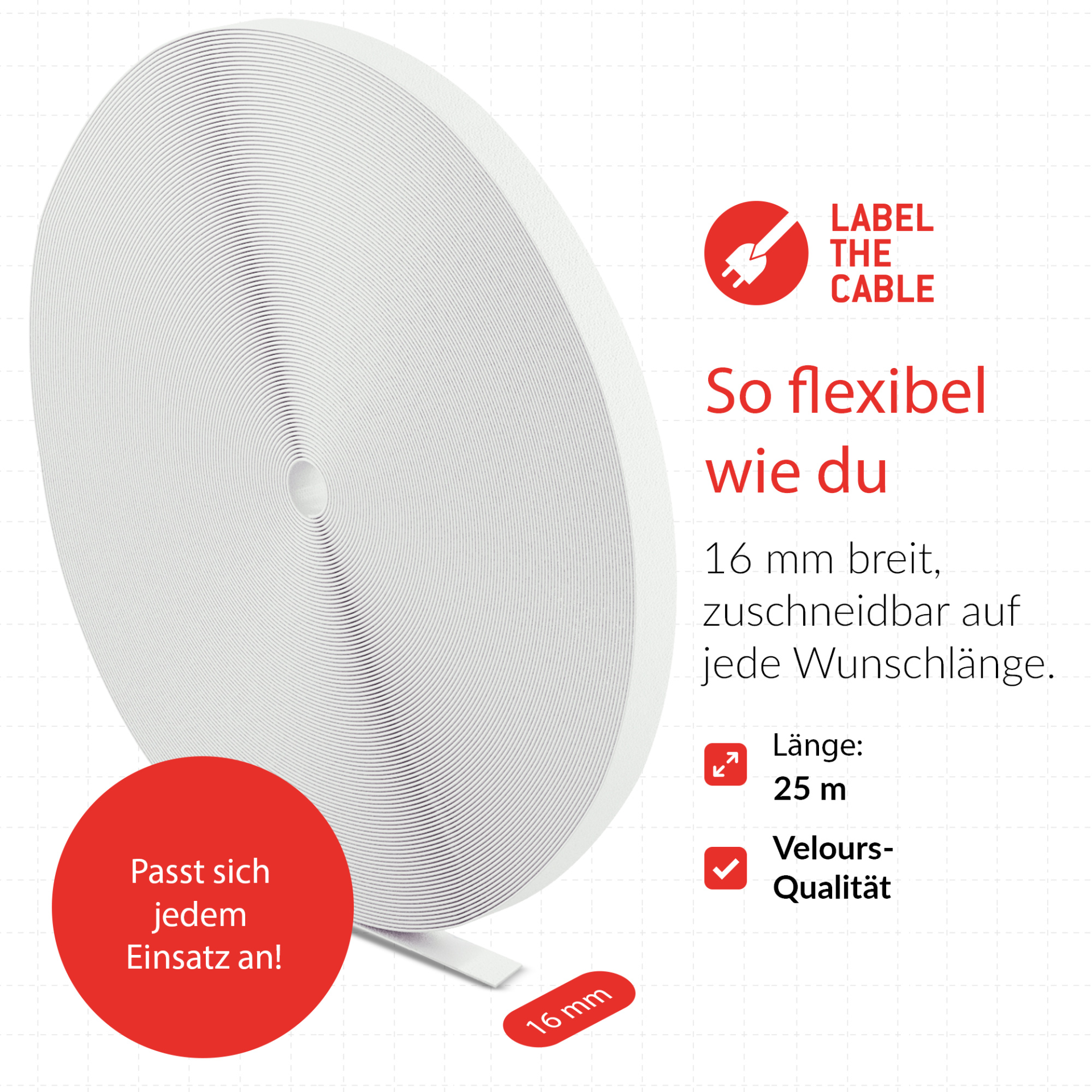 LTC ROLL STRAP  Doppelseitige Klettbandrolle,25m weiß