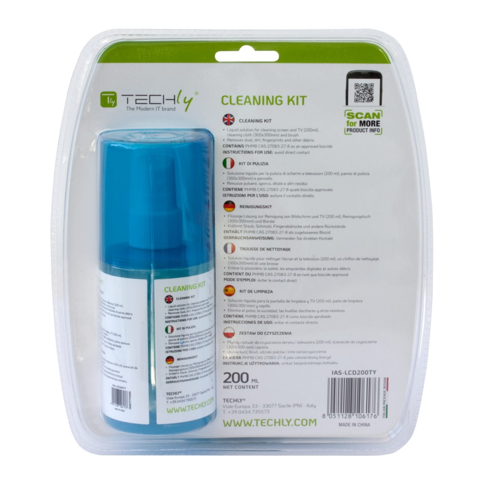 Techly cleaning kit for monitor 200ml with microfibre cloth and brush
