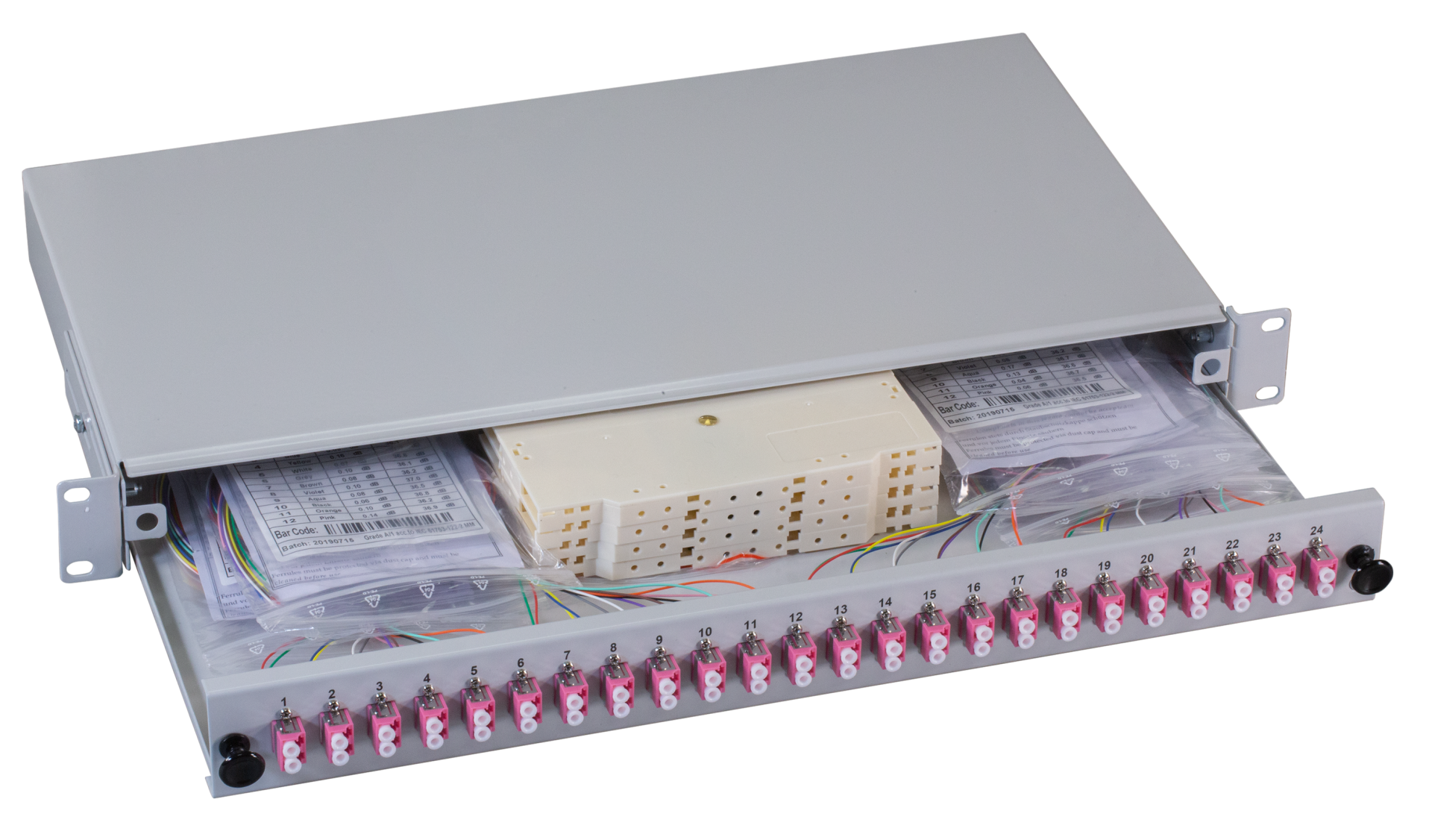 Splicebox sliding unit with LC-Duplex plastic adapter and pigtails, OM4