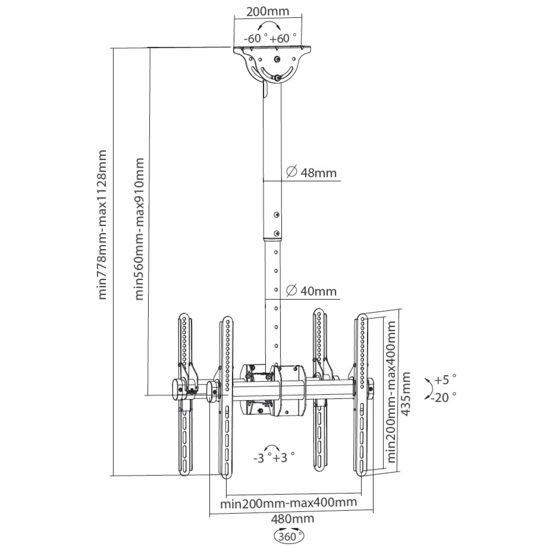 Telescopic universal ceiling support for 2 LED LCD TV 32"-55"