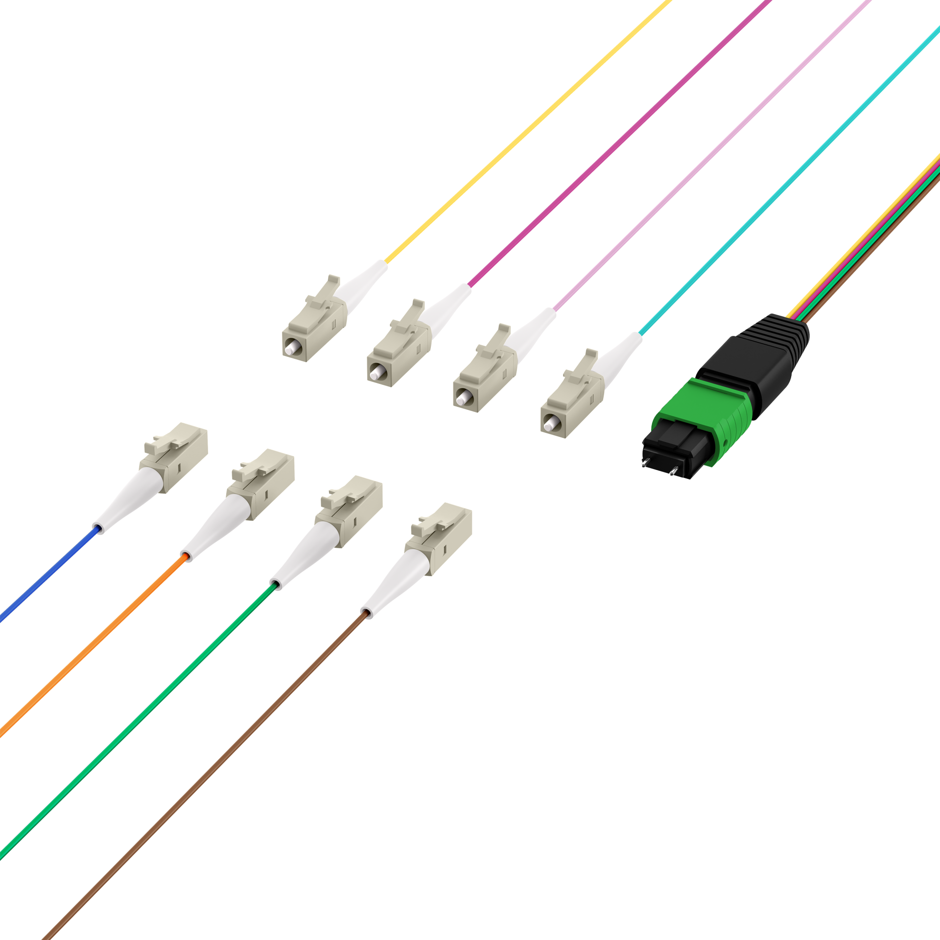 MTP®/APC(M)-LC Fanout cable OS2 8 fibers Typ B LSZH yellow 0,4m