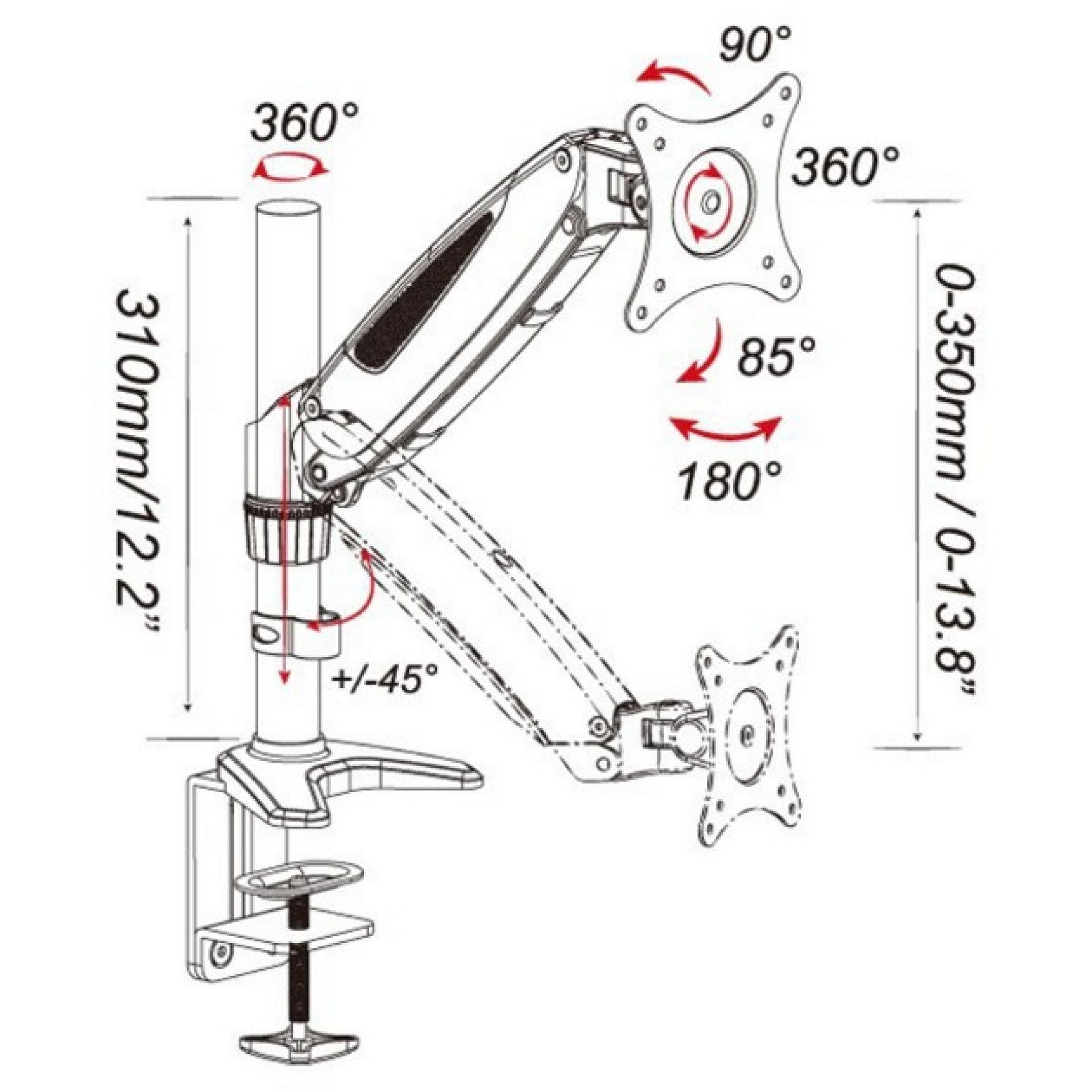 Desk stand for LCD 15"-27", with gas spring