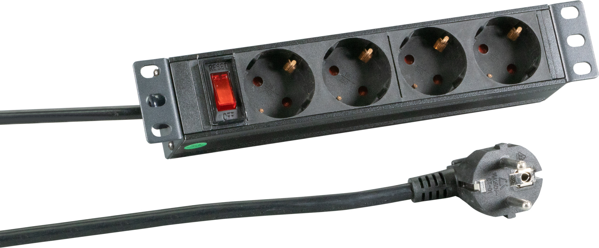 10“ 1U Socket Strip 4 x CEE 7/3 with Switch, in Alu Profile, Black
