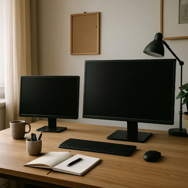 Moderne arbejdsplads med dobbelt skærmopsætning, tastatur, mus og bordlampe – hjemmekontorbord i minimalistisk design