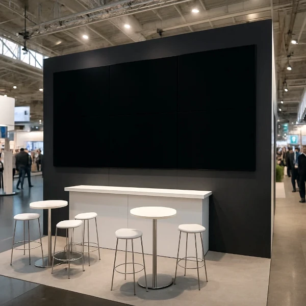 Moderne messestand med stort skærmdisplay, disk og stående borde – præsentationsområde for digitale løsninger på fagmesser