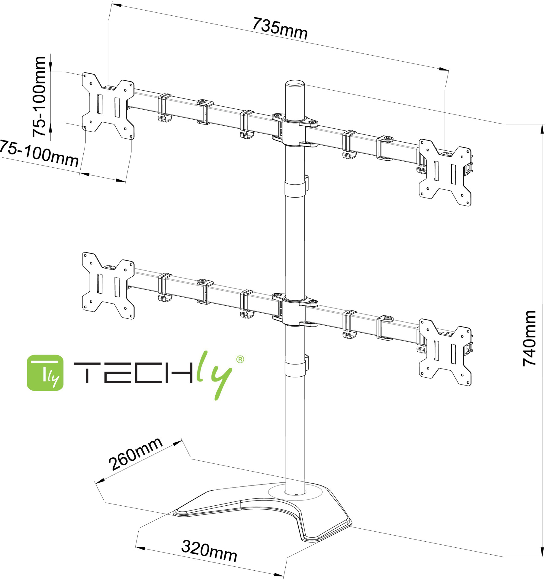 Desk stand for 4 LCDs 13"-27", with base