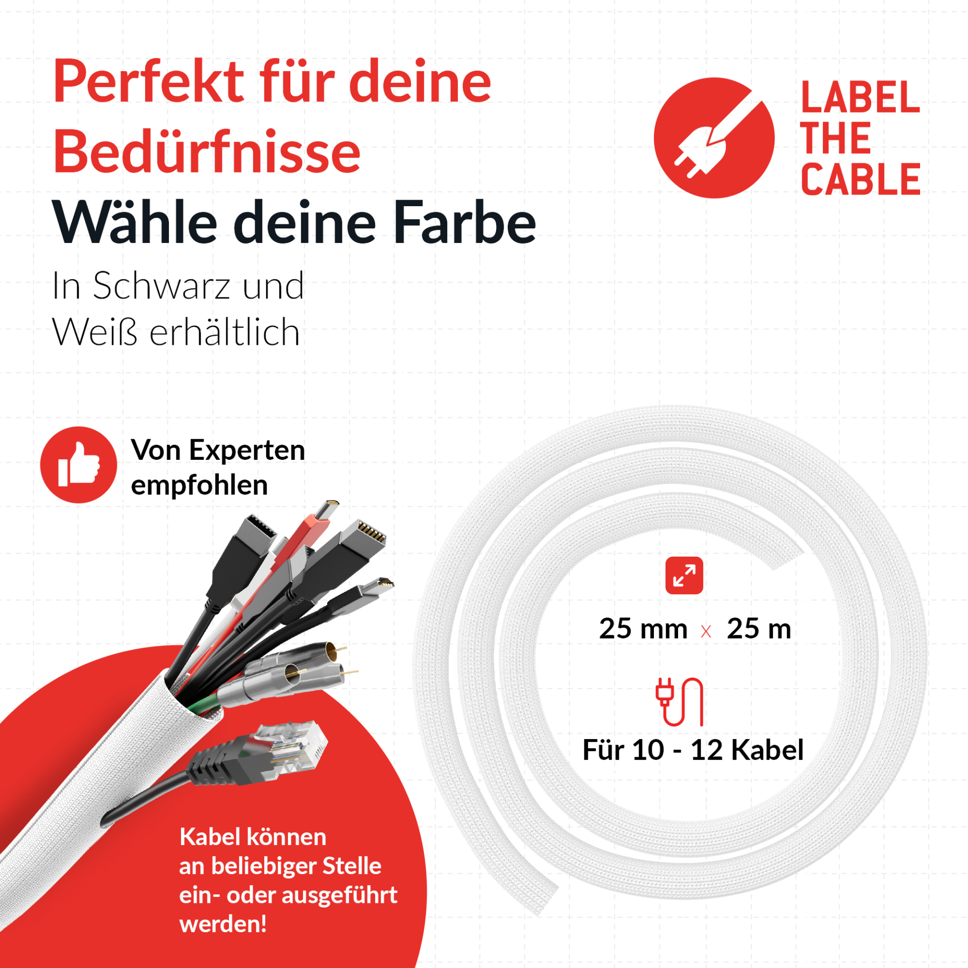 LTC CABLE TUBE fabric cable hose diameter 2.5 - 4 cm, 25m white