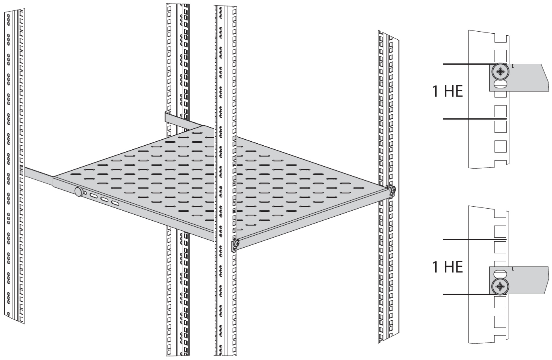 19" 0.5U Shelf, Fixed, MD 350..450 mm, Max. Load 70 kg, CD 600, RAL7035