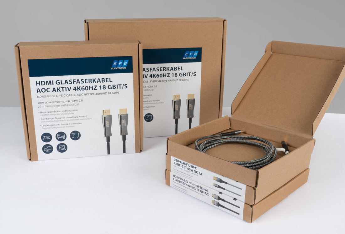 Pakkeløsninger med HDMI-fiberoptiske kabler og USB-C-kabler fra EFB-Elektronik