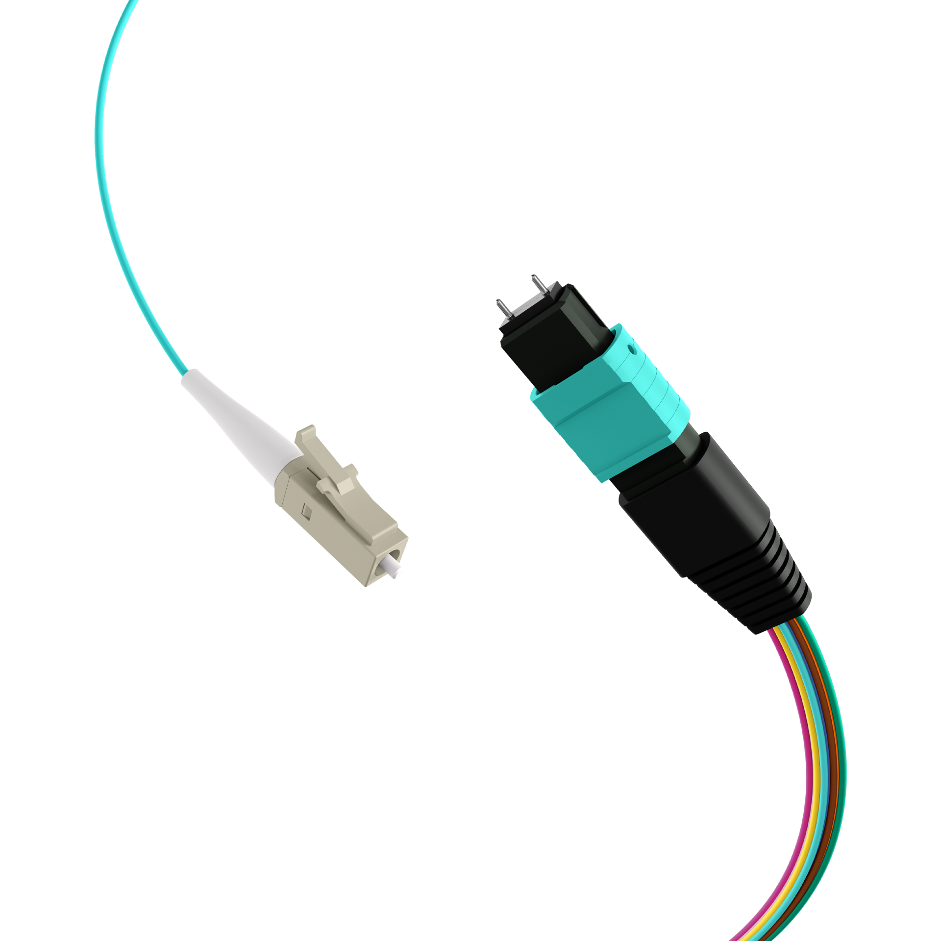 MTP®(M)-LC Fanout cable OM3 12 fibers Typ B LSZH aqua 0,4m
