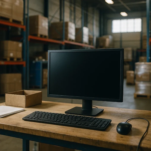 Computerarbejdsplads i lageret med skærm, tastatur og mus foran reoler med kartoner – digital lagerstyring og logistikarbejdsplads