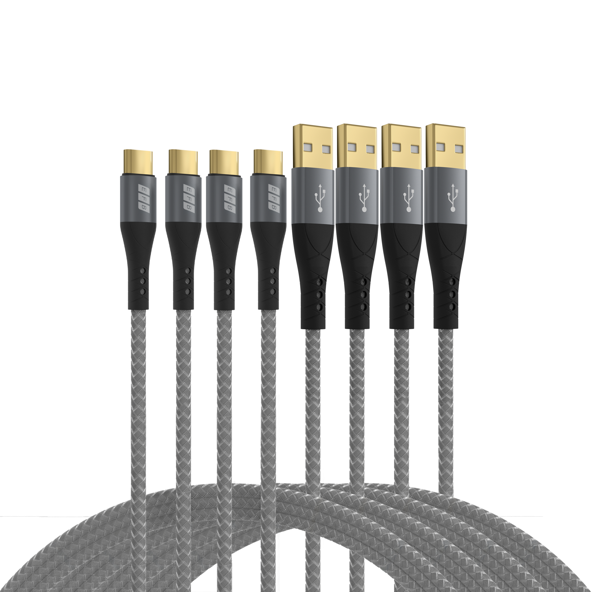 USB-A to USB-C cable set 60W QC 3A 0.5m+1m+2m+3m grey gold contacts textile coat