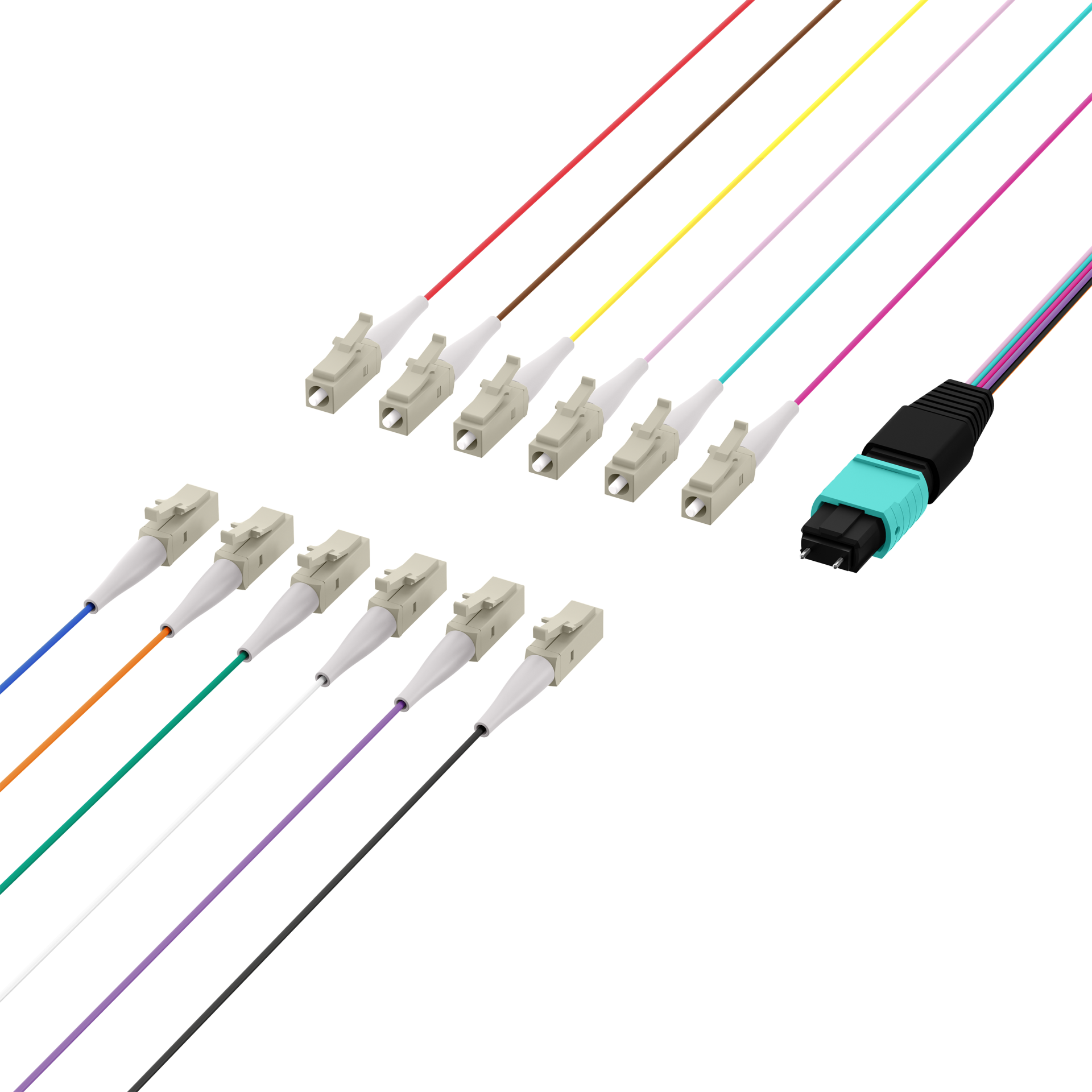 MTP®(M)-LC Fanout cable OM3 12 fibers Typ B LSZH aqua 0,4m
