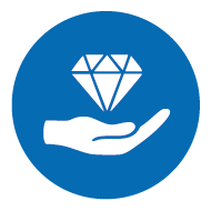 Ikon med hånd og diamant - symboliserer materialer af høj kvalitet og fremragende produktforarbejdning på en blå baggrund