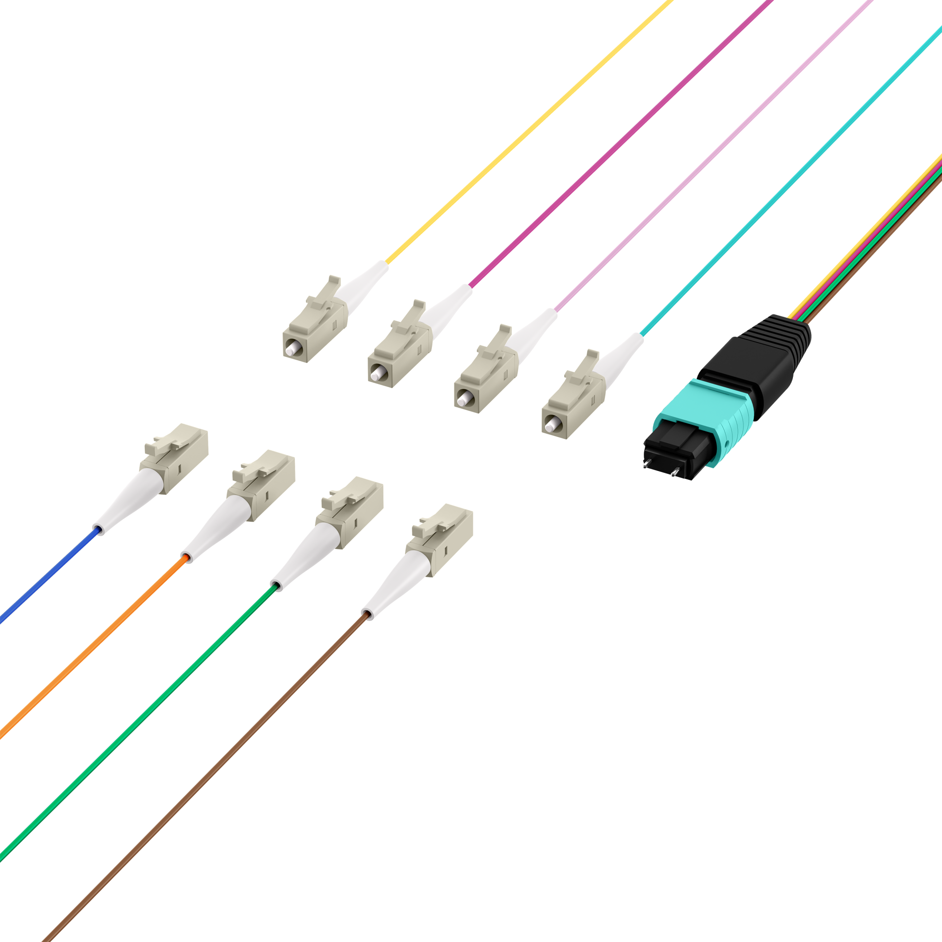 MTP®(M)-LC Fanout cable OM3 8 fibers Typ B LSZH aqua 1m
