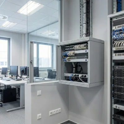 Åben 19-tommers vægmonteret kabinet med patchpanel, aktive netværkskomponenter og struktureret IT-kabelføring i et moderne kontormiljø