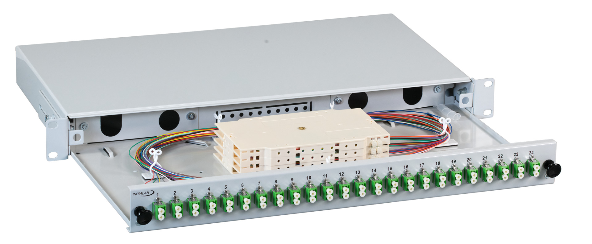 INFRALAN® Splicebox sliding version LC, 48 stripped pigtails/ 24 adapter, OM5