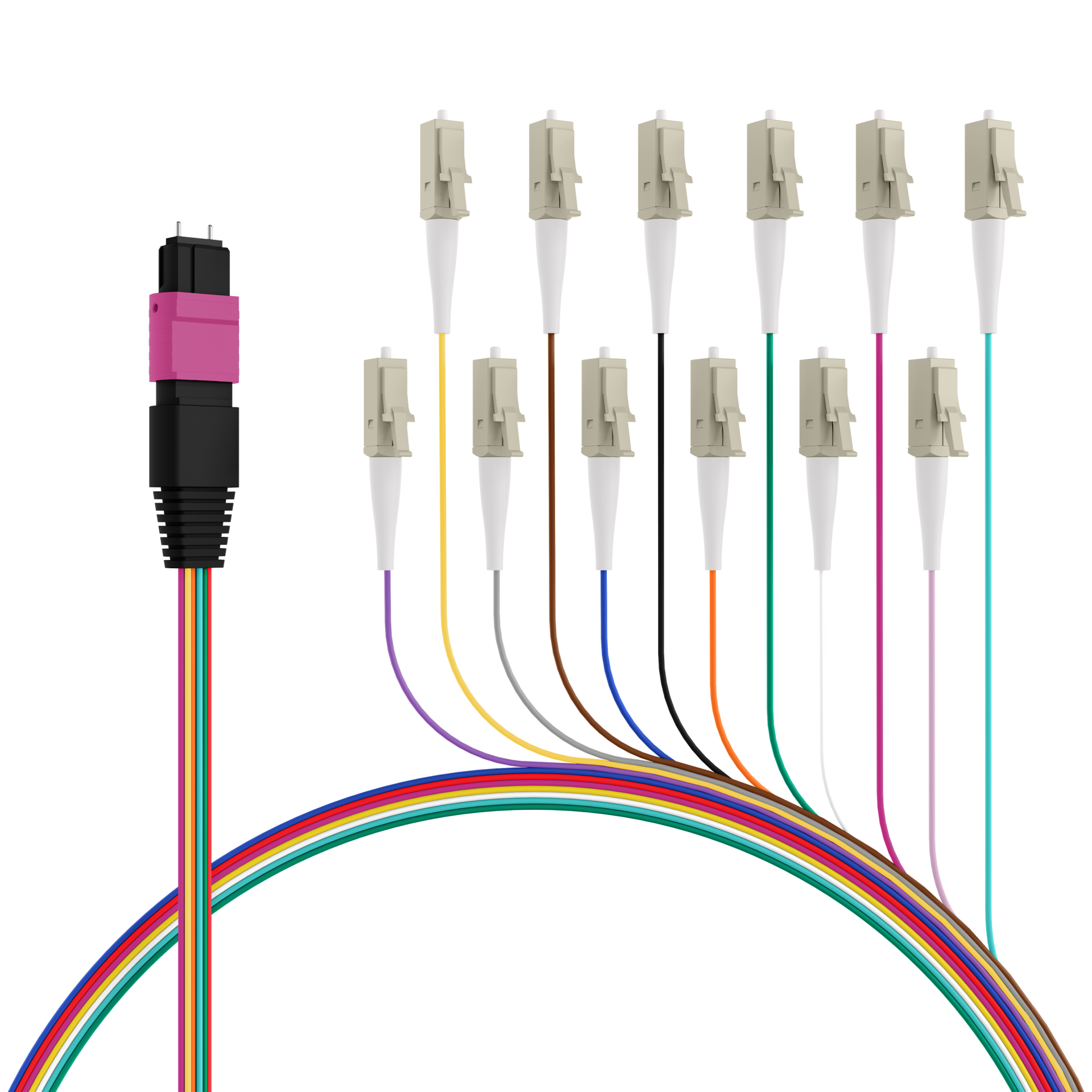 MTP®(M)-LC Fanout cable OM4 12 fibers Typ B LSZH erica-violet 1m