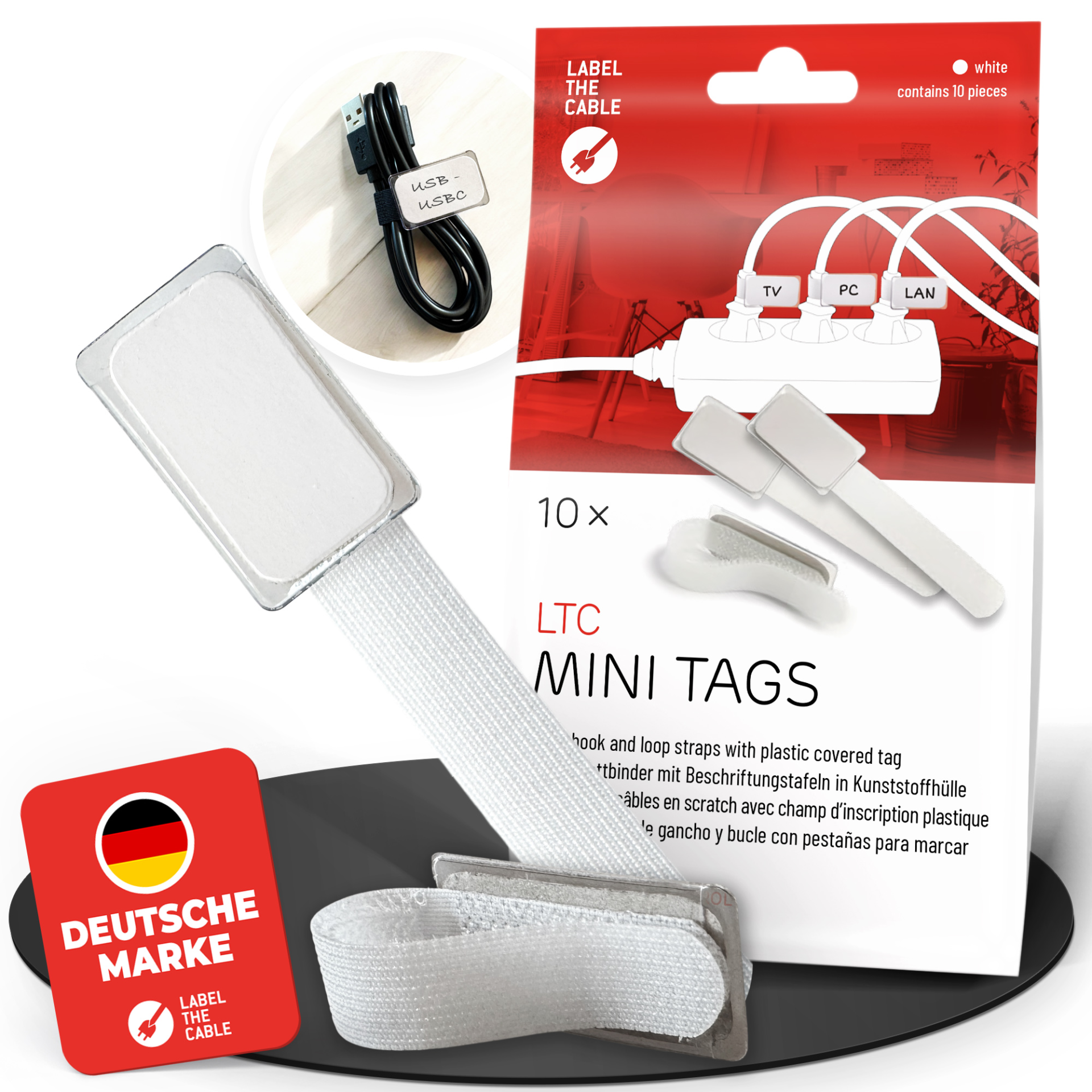 LTC MINI TAGS small hook and loop straps with tags set of 10 pcs white