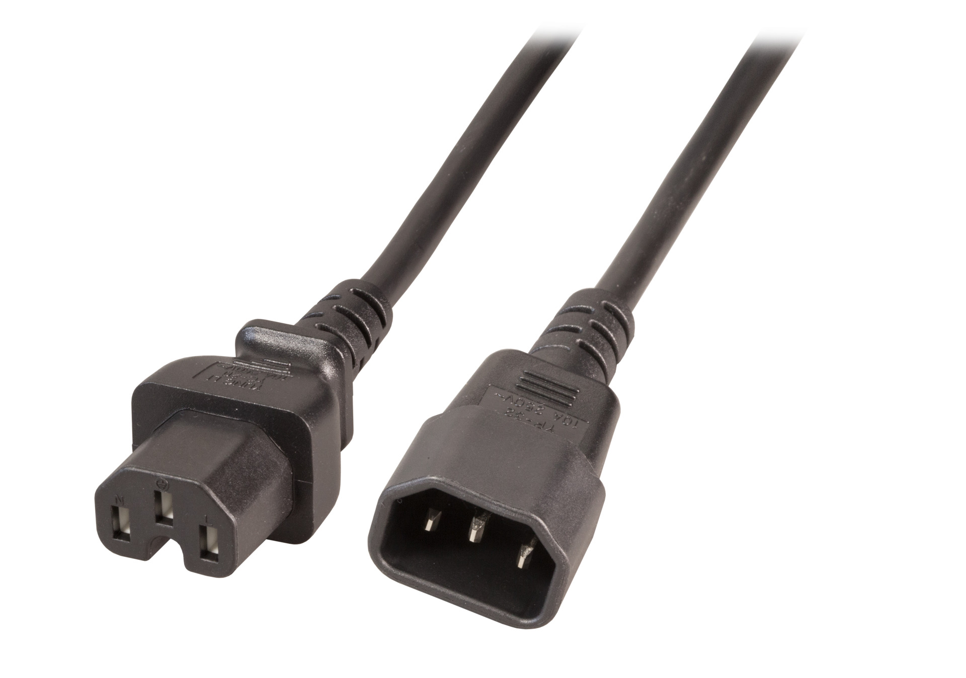 Extension Cable C14 180° - C15 180°, Black, 1.0 m, 3 x 0.75 mm²