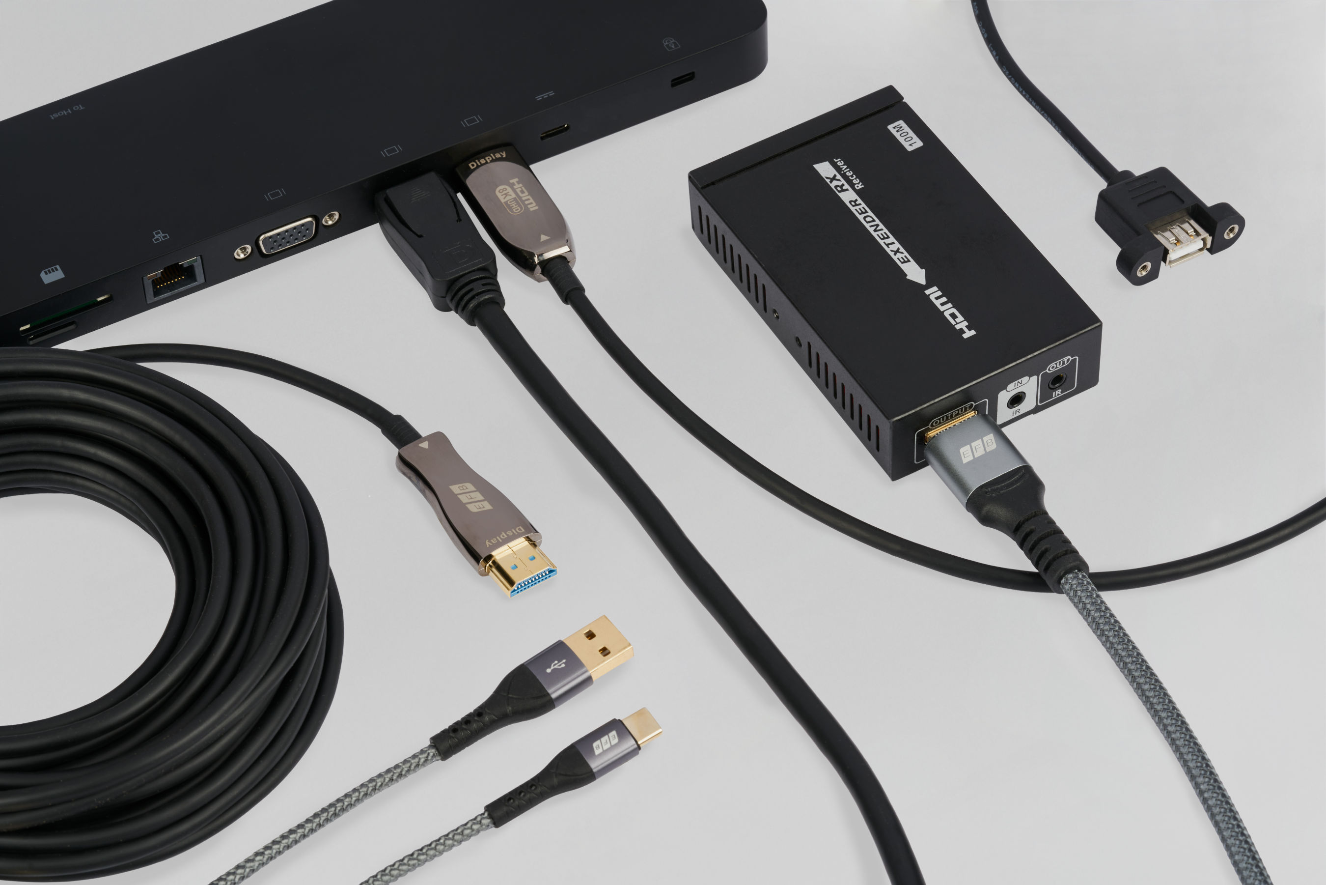 Multimediekabling med HDMI-, DisplayPort- og USB-kabler og extenderboks - professionel signaloverførselsløsning fra EFB-Elektronik til AV- og IT-applikationer