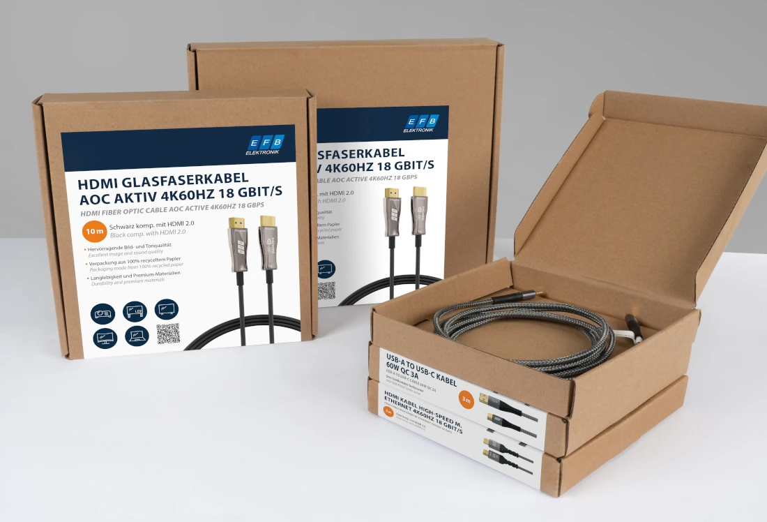 Pakkeløsninger med HDMI-fiberoptiske kabler og USB-C-kabler fra EFB-Elektronik