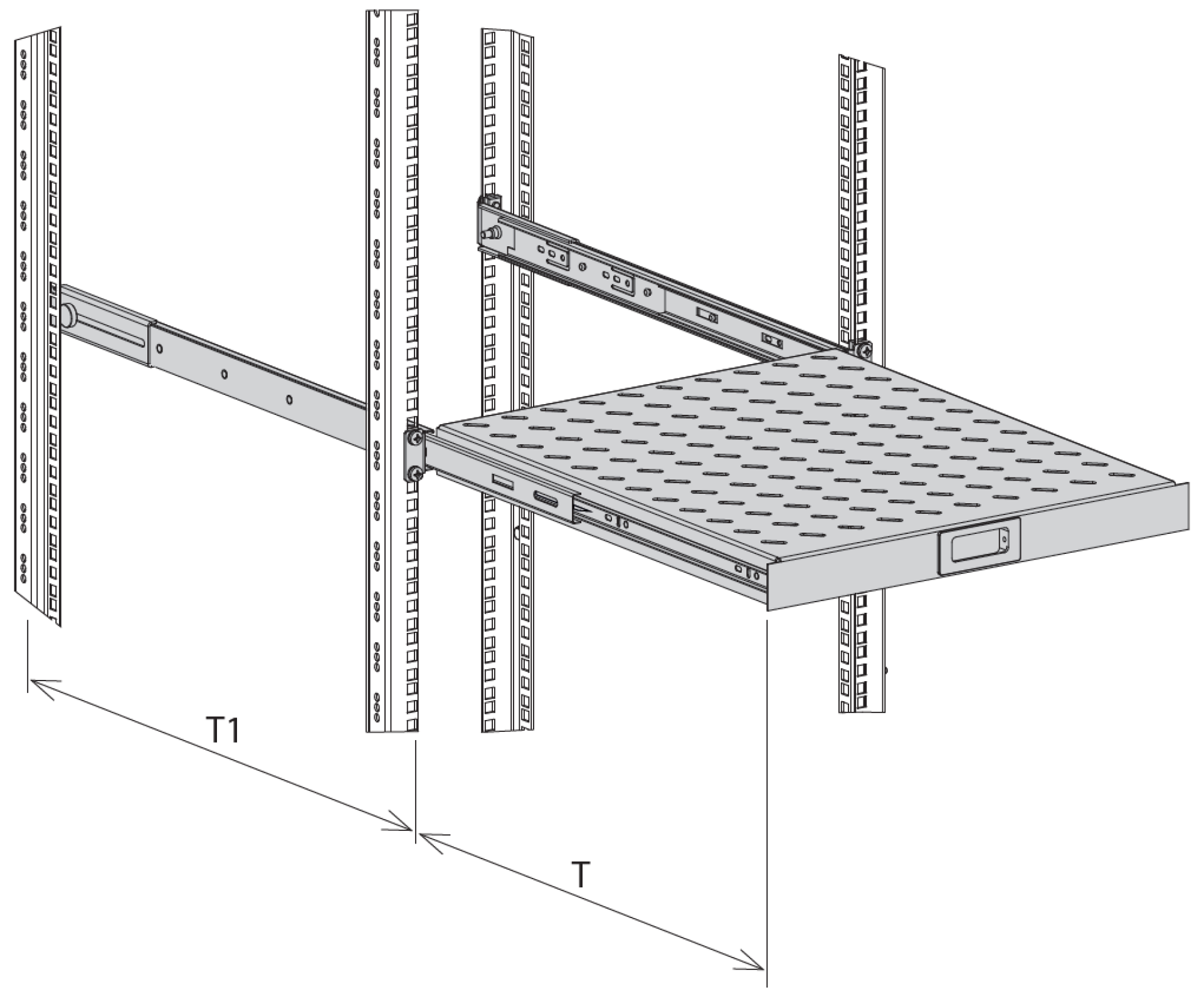 19" 1U Pull-Out Shelf, MD 350..450 mm, Max. Load 30 kg, CD 600, RAL7035
