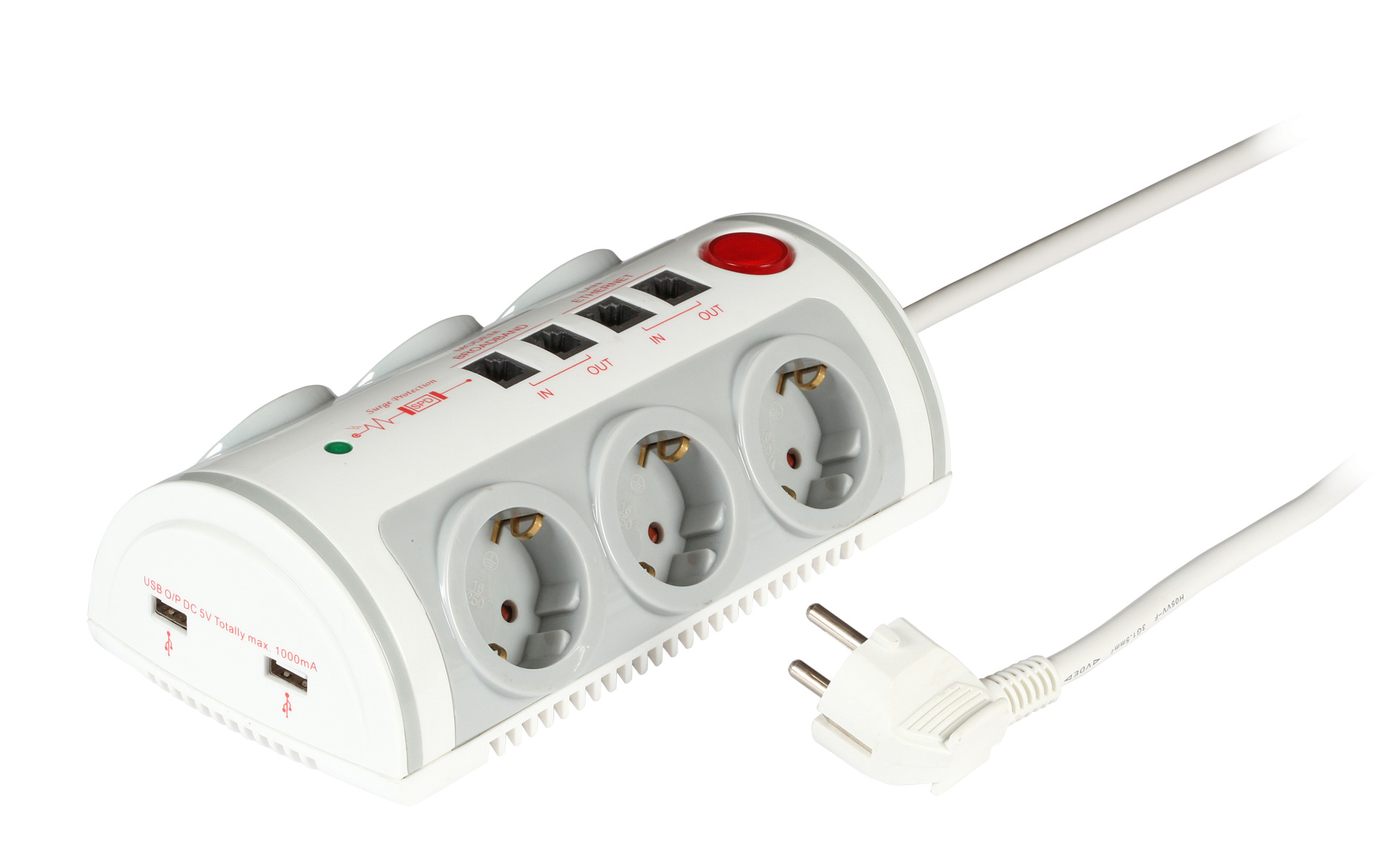 Socket Strip 6 x CEE7/7 with Surge Prot., 2 x USB, 2 x RJ45, 2 x RJ11, Switch