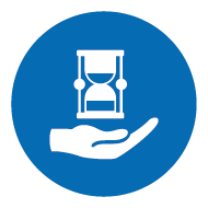 Blåt ikon med hånd og timeglas - symbol for holdbar og pålidelig netværksteknologi