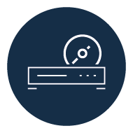 Ikon for Blu-ray-afspiller med indsat disk - stiliseret symbol for medieafspilning på en mørkeblå baggrund