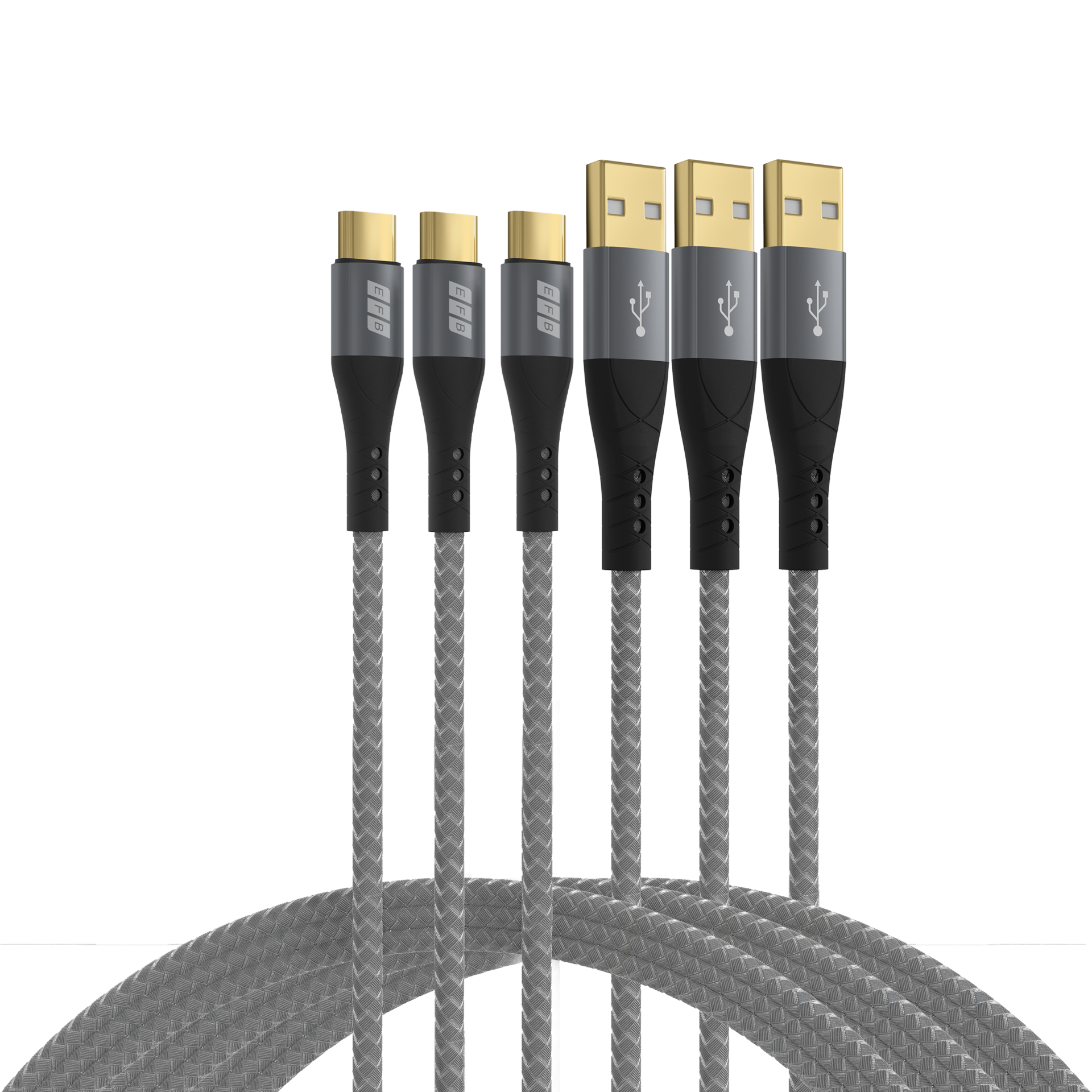 USB-A to USB-C cable set 60W QC 3A 3x2m grey gold contacts textile coat