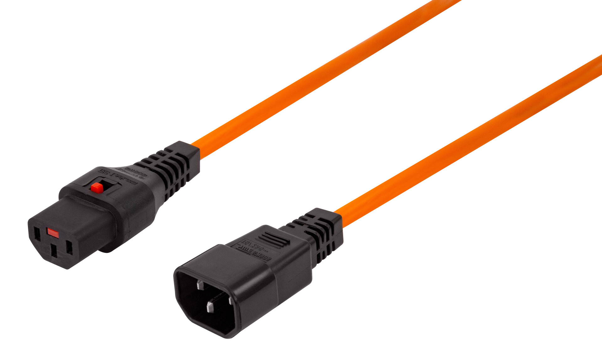 Extension Cable C14 180° - C13 180°, Orange, 2.0 m, 3 x 1.00 mm², IEC Lock