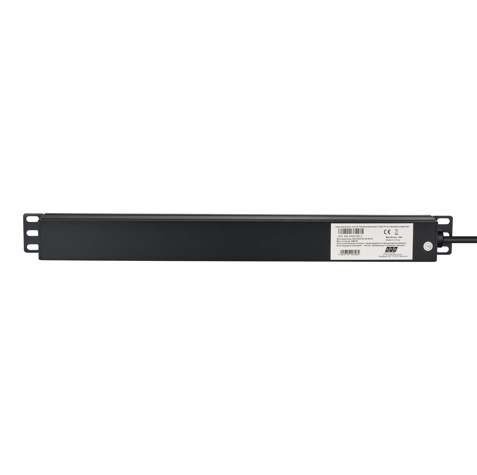 19“ 1U Socket Strip 7 x CEE 7/3 with Surge Protection, in Alu Profile, Black