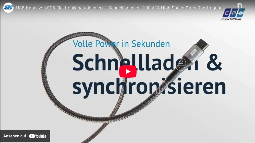 YouTube: EFB-Elektronik USB-kabel med tekstilkappe til hurtigopladning op til 100 W og højhastighedsdataoverførsel